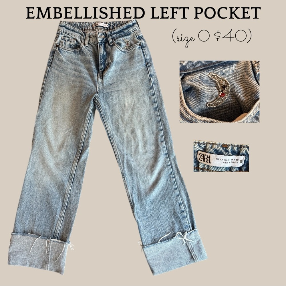 Zara Light Blue Straight Leg Women’s Jeans with Embellished Left Pocket